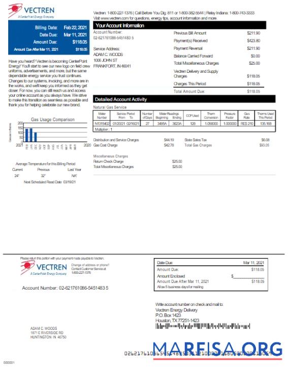 Blank USA VECTREN utility bill Word and PDF template